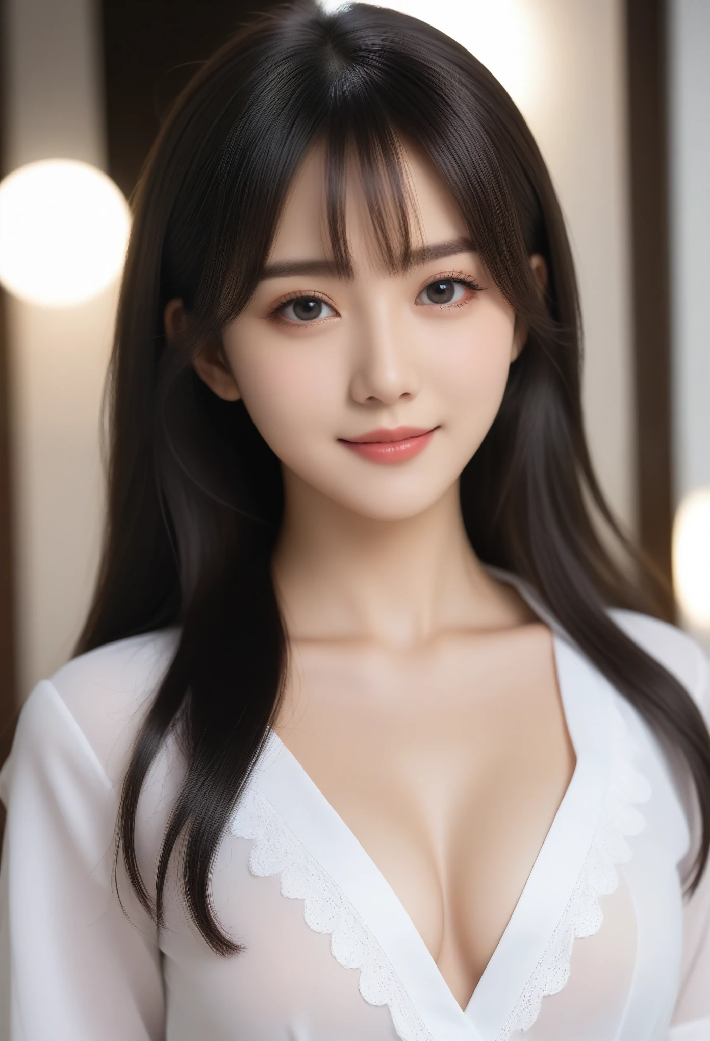 8K, 超High resolution, Highest quality, masterpiece, 三分割法によるphotograph,Surreal, photograph, 1 girl, (:1.3), pretty girl, Cute face, Beautiful eyes in every detail, 細かくdetailedに,masterpiece,, One Girl:1.2, Japan Female Announcer,whole body、Black Hair、well-groomed eyebrows、Cute Lip Makeup, European Fashion、(masterpiece、Highest quality、Realistic、High resolution、photograph:1.3)、close、I focus、Hot Model、slim、erotic、Sexual vision、slim、shirt、Long sleeve、Hide your chest、Beautiful eyes in every detail、Glossy Lips、Small breasts、((Bright light、Dynamic Lighting、Genuine、超Genuine、 realism、Genuineなディテール、Cool Beauty、Cool pose,Cute gestures、so beautiful,A carefree smile,Healing the heart,blunt bangs,Looking at the audience、beauty,Long neck、Laugh a little、Please close your mouth and laugh、(((Ideal body type))),A-cup small breasts :2,、Portraiture:2、Perfect Anatomy、なdetailed、detailed、Surreal、Light and shadow,Strong light