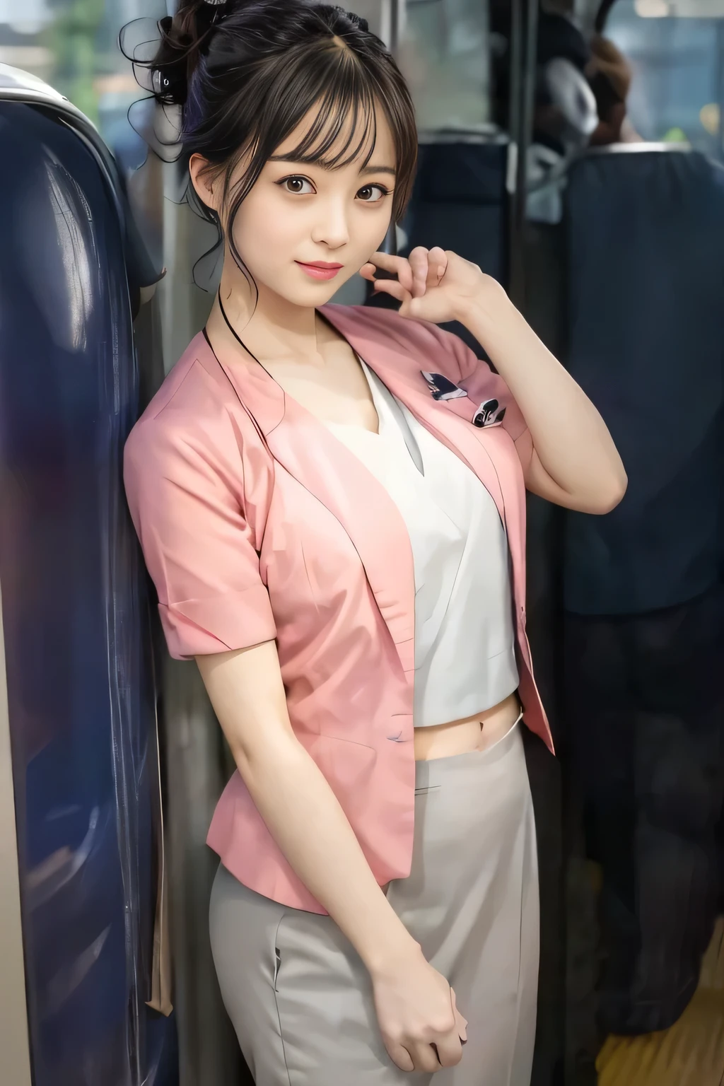 (masterpiece:1.2, Highest quality:1.2), 32k HDR, High resolution, (alone、1 girl)、 (Height: 160cm)、（On the rooftop of a building in the daytime、Professional Lighting）、Building rooftop background、（Nankai train crew uniform pinkを着たリアルスタイル）、（Nankai train crew uniform pink short sleeve collarless pink jacket、Nankai Train Crew Uniform Pink Collarless Short Sleeve Blouse、Nankai Train Crew Uniform Pink Grey Knee-length Culottes）、（The pink jacket is showing from the culottes.）、Dark brown hair、（Hair tied up、Hair tied up、Evening curly hairstyle）、Dark brown hair、Long Shot、Big Breasts、Thin legs、（（Great hands：2.0）），（（Harmonious body proportions：1.5）），（（Normal limbs：2.0）），（（Normal finger：2.0）），（（Delicate eyes：2.0）），（（Normal eyes：2.0））)、smile、（Nankai Train Crew Uniform Pink Grey Knee-length Culottesを見せた美しい歩く姿）、Place your hands around your stomach、Lanyard employee ID card