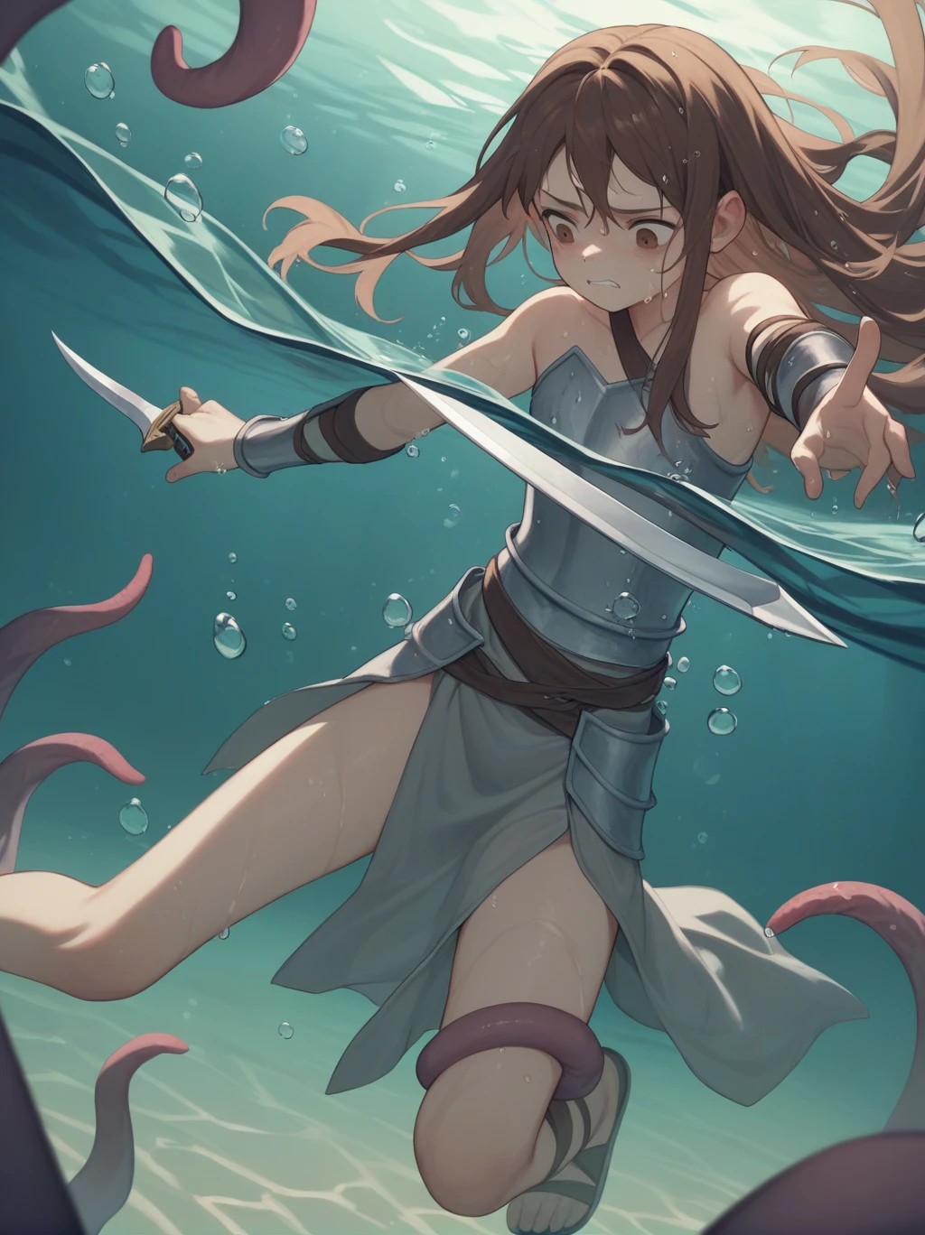 Partially underwater,最high quality,high quality, , Long Hair, Brown Hair, Wet Hair, Flat Chest,Dark underground labyrinth,No light,Cloth armor,Equipped with a dagger and a shield,Face above water,Body in water, Underwater Photography,The robe rolls up due to buoyancy,Painful face、My leg is pulled by tentacles、Being dragged into the water、Go wild