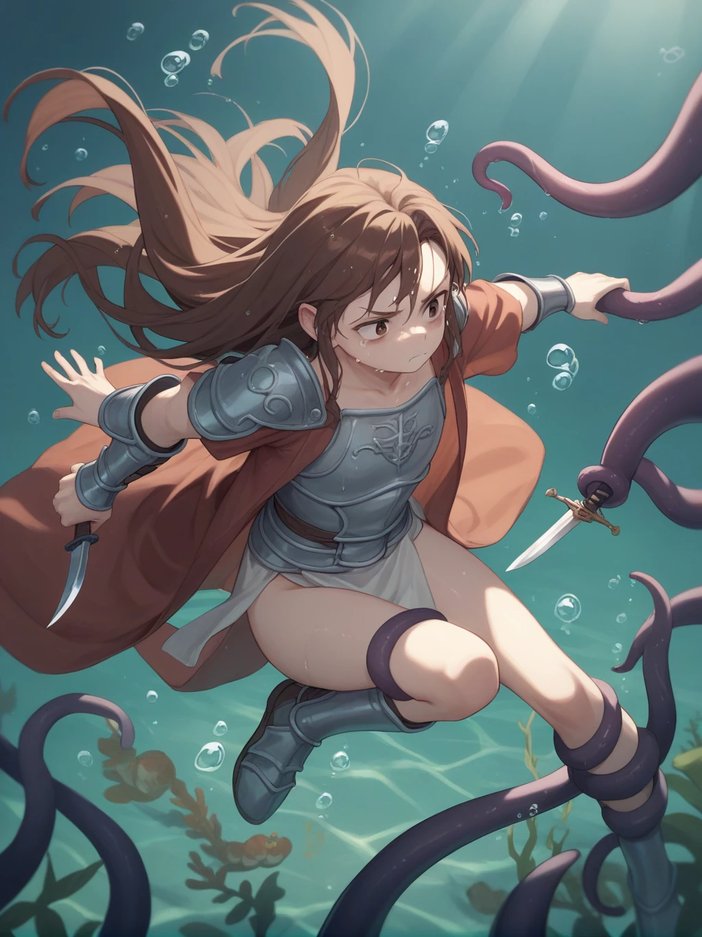 Partially underwater,最high quality,high quality, , Long Hair, Brown Hair, Wet Hair, Flat Chest,Dark underground labyrinth,No light,Cloth armor,Equipped with a dagger and a shield,Face above water,Body in water, Underwater Photography,The robe rolls up due to buoyancy,Painful face、My leg is pulled by tentacles、Being dragged into the water、Go wild