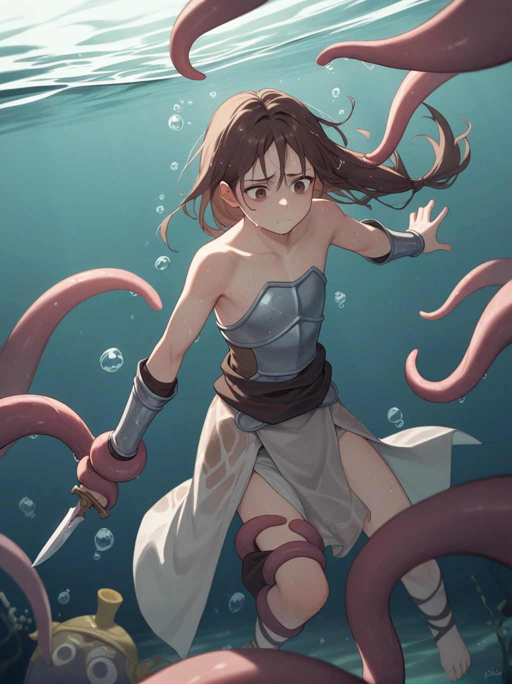 Partially underwater,最high quality,high quality, , Long Hair, Brown Hair, Wet Hair, Flat Chest,Dark underground labyrinth,No light,Cloth armor,Equipped with a dagger and a shield,Face above water,Body in water, Underwater Photography,The robe rolls up due to buoyancy,Painful face、My leg is pulled by tentacles、Being dragged into the water、Go wild