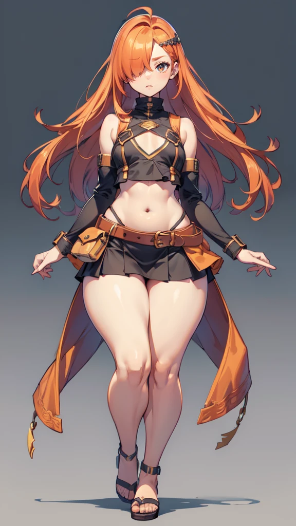 blank background, (((full body))), (masterpiece), ((best quality)), (very short girl), ((flat chest)), hair over one eye, (wide hips:1.4), (thick thighs:1.5), (very short skirt), sandals, belt below navel, fanny packs, ginger hair