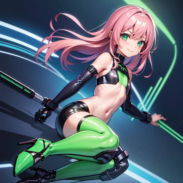 (masterpiece), (best quality), (high res) Solo, (perfect anatomy), young girl (10 years old), fair skin, pink hair (shoulder length), green eyes, (skin tight idol outfit), (blue high heels boots), (tied up shirt), (super tight mini shorts), smiling, flat chest in a futuristic space setting with a green light, cyberpunk, cyber suit, best anime 4k, cybersuits, from behind