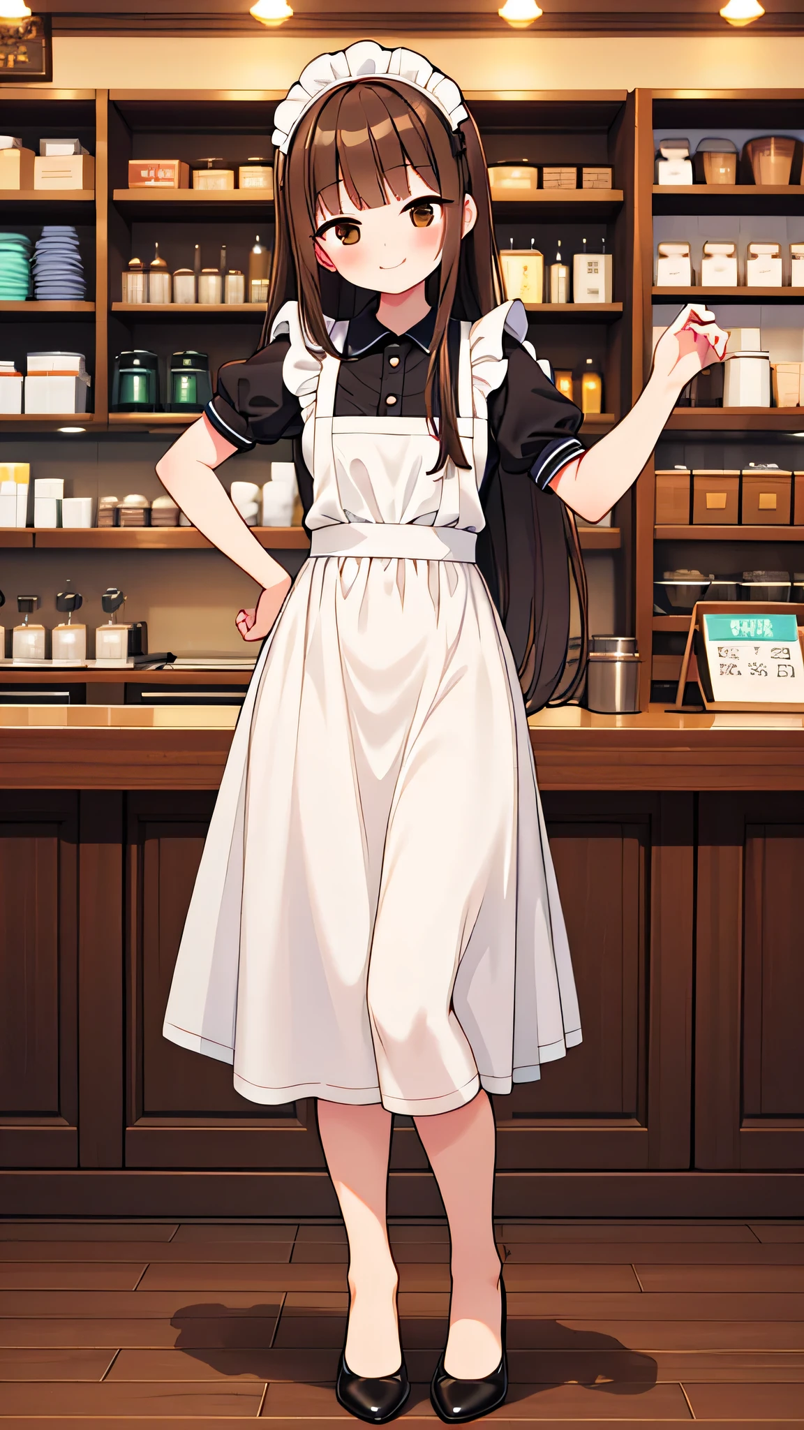 {Highest quality], [Super beautiful], [Ultra fine], [Best illustration], NSFW,Brown Hair, Hime cut, Long Hair, With bangs, girl, smile, blush, Slender women,Maid clothes,Short sleeve,Long straight skirt, Adult women,Coffee shop,diagonal,Bare feet and pumps, Plain black pumps,Strike a Pose