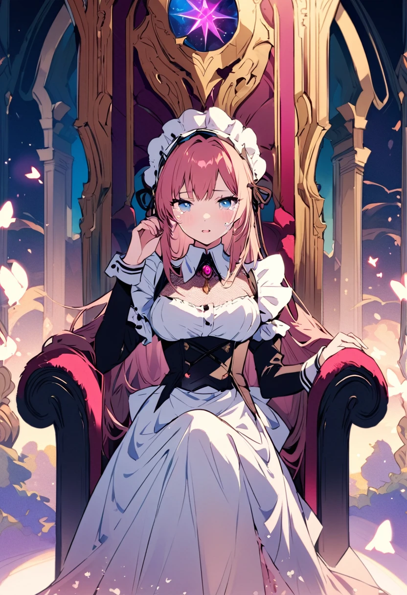 masterpiece, Highest quality, Illustration of the novel, High resolution, 18+ Adult content, Sensual, Intimate, Emotional, Passionate, romantic, sweet, Adorable, Innocent, Pure, Fascinating, Fascinatingな, Charm, mysterious, Fascinatingな, Fascinating, Immersive, Fascinatingな, dream-like, Surreal, Imaginative, Whimsical, Artistic, Avant-garde, timeless, elegant, Sophisticated, chic, Sophisticated, personality, original, Fascinatingな,((Maid clothes:1.3)),((Beautiful Tears)),((Throne of Power,Throne of Power:1.3))
