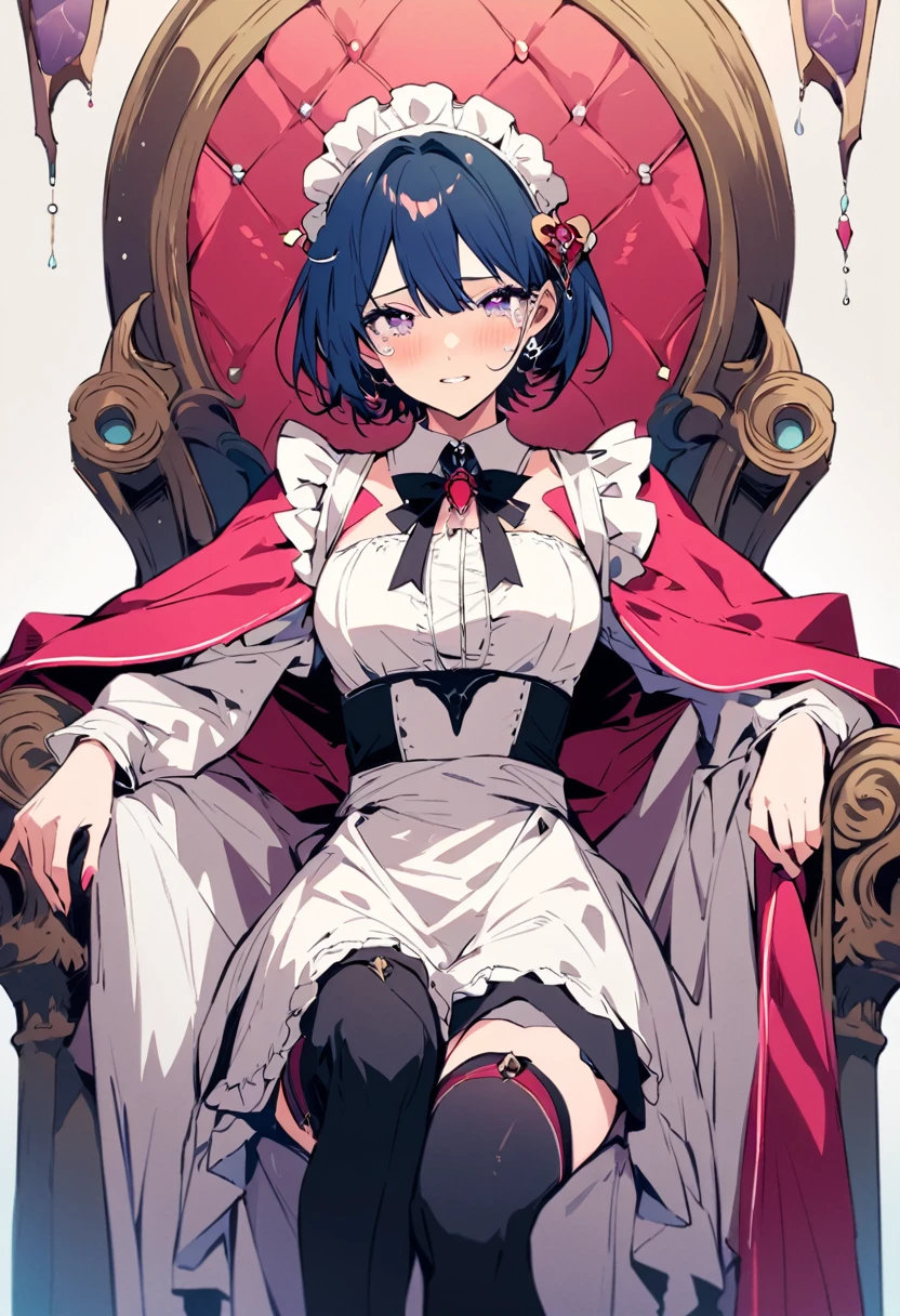 masterpiece, Highest quality, Illustration of the novel, High resolution, 18+ Adult content, Sensual, Intimate, Emotional, Passionate, romantic, sweet, Adorable, Innocent, Pure, Fascinating, Fascinatingな, Charm, mysterious, Fascinatingな, Fascinating, Immersive, Fascinatingな, dream-like, Surreal, Imaginative, Whimsical, Artistic, Avant-garde, timeless, elegant, Sophisticated, chic, Sophisticated, personality, original, Fascinatingな,((Maid clothes:1.3)),((Beautiful Tears)),((Throne of Power,Throne of Power:1.3))
