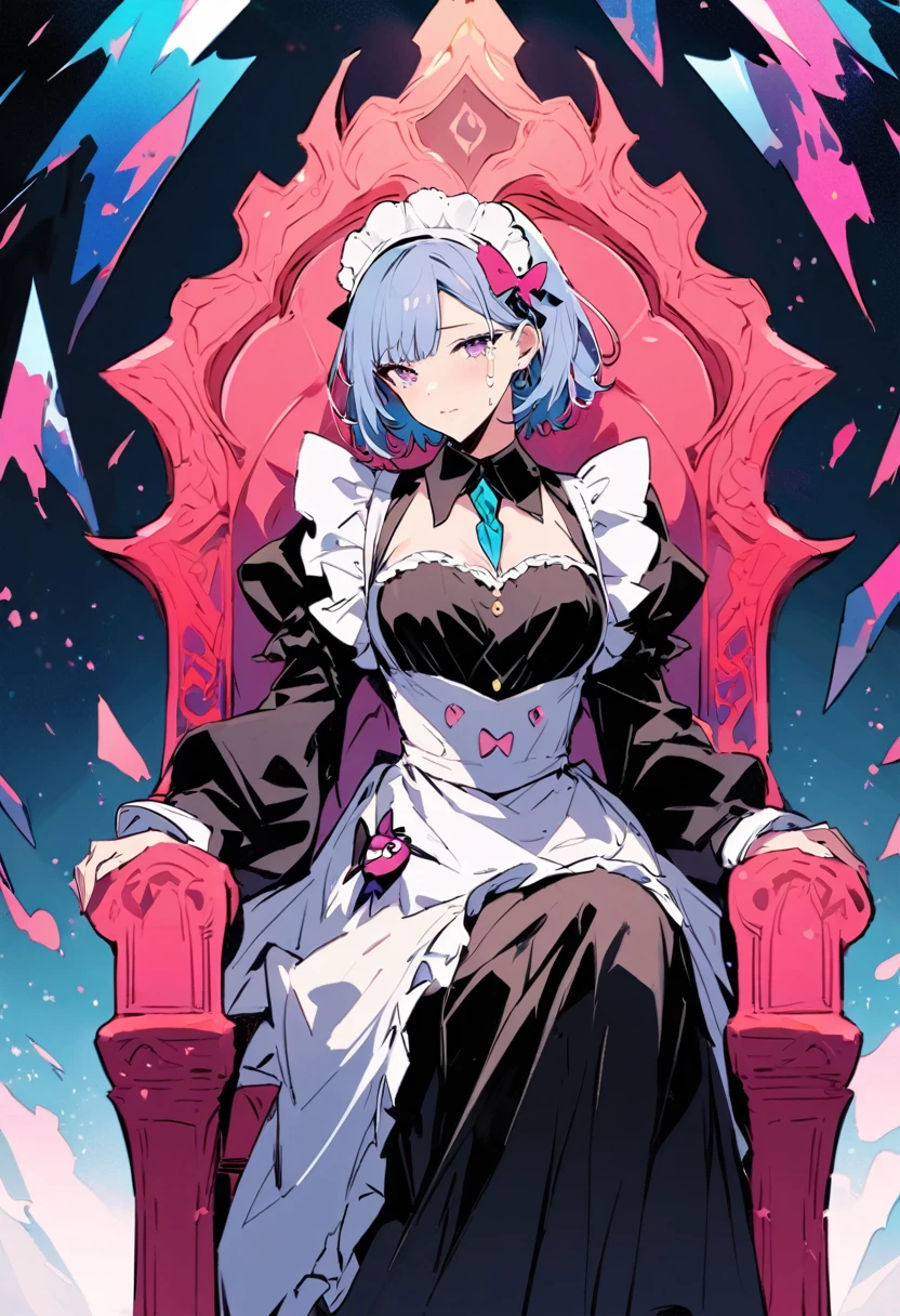 masterpiece, Highest quality, Illustration of the novel, High resolution, 18+ Adult content, Sensual, Intimate, Emotional, Passionate, romantic, sweet, Adorable, Innocent, Pure, Fascinating, Fascinatingな, Charm, mysterious, Fascinatingな, Fascinating, Immersive, Fascinatingな, dream-like, Surreal, Imaginative, Whimsical, Artistic, Avant-garde, timeless, elegant, Sophisticated, chic, Sophisticated, personality, original, Fascinatingな,((Maid clothes:1.3)),((Beautiful Tears)),((Throne of Power,Throne of Power:1.3))