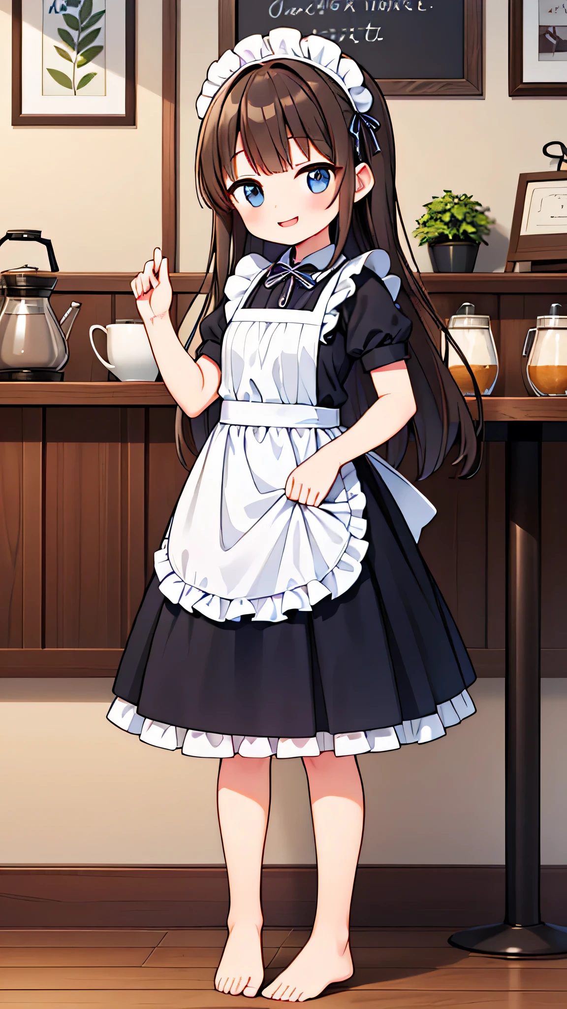 {Highest quality], [Super beautiful], [Ultra fine], [Best illustration], NSFW,Brown Hair, Hime cut, Long Hair, With bangs, girl, smile, blush, Slender women,Maid clothes,Short sleeve,Long straight skirt, Adult women,Coffee shop,diagonal,Bare feet and pumps, Plain black pumps,Strike a Pose