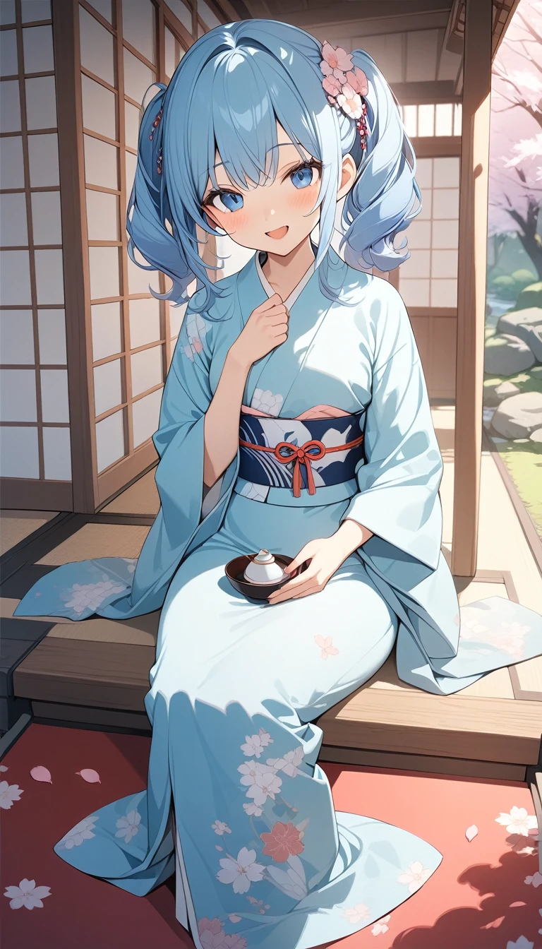 (wallpaper 8k CG), (masterpiece), (best quality),blue kimono,Japanese garden,cherry blossoms,Falling cherry blossom petals,verandah,sit,Japanese tea,Steam from Japanese tea,cherry blossom kimono,cherry blossom hair ornament,spring,breeze,great joy,:d,red carpet,outdoor,solo,1 girl,high resolution,masterpiece, best quality, extremely detailed, anime,pretty , twintail,blue hair,blue eyes,small breasts,blush,smile,Skin color
