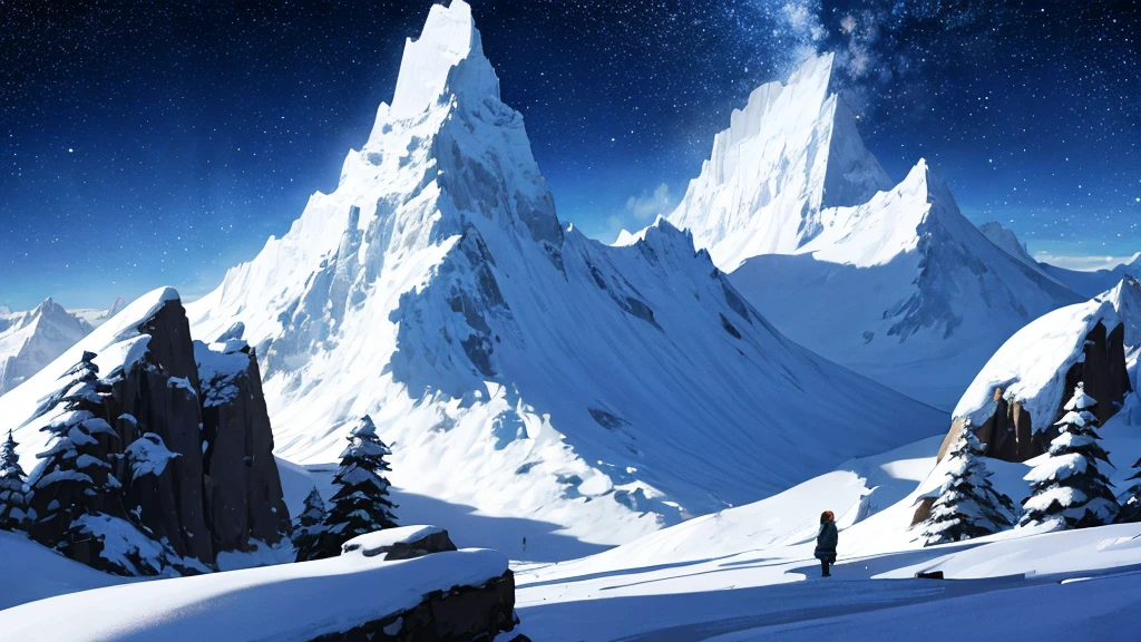 Snowy mountains, silence, night sky, Milky Way, villa, lights