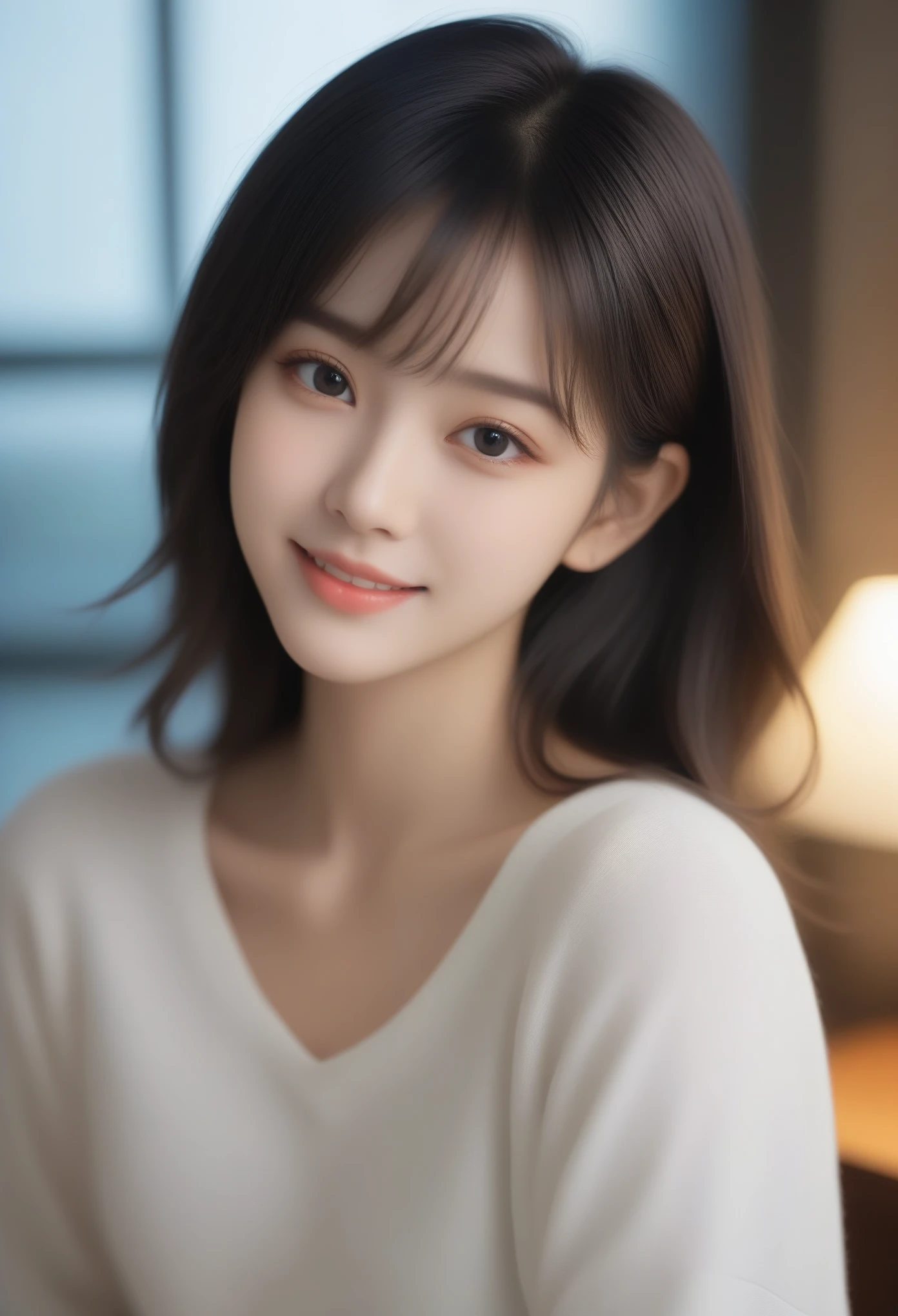 8K, 超High resolution, Highest quality, masterpiece, 三分割法によるphotograph,Surreal, photograph, 1 girl, (16 years old:1.3), pretty girl, Cute face, Beautiful eyes in every detail, 細かくdetailedに,masterpiece,, One Girl:1.2, Japan Female Announcer,whole body、Black Hair、well-groomed eyebrows、Cute Lip Makeup, European Fashion、(masterpiece、Highest quality、Realistic、High resolution、photograph:1.3)、close、I focus、Hot Model、slim、erotic、Sexual vision、slim、shirt、Long sleeve、Hide your chest、Beautiful eyes in every detail、Glossy Lips、Small breasts、((Bright light、Dynamic Lighting、Genuine、超Genuine、 realism、Genuineなディテール、Cool Beauty、Cool pose,Cute gestures、so beautiful,A carefree smile,Healing the heart,blunt bangs,Looking at the audience、beauty,Long neck、Laugh a little、Please close your mouth and laugh、(((Ideal body type))),A-cup small breasts :2,、Portraiture:2、Perfect Anatomy、なdetailed、detailed、Surreal、Light and shadow,Strong light