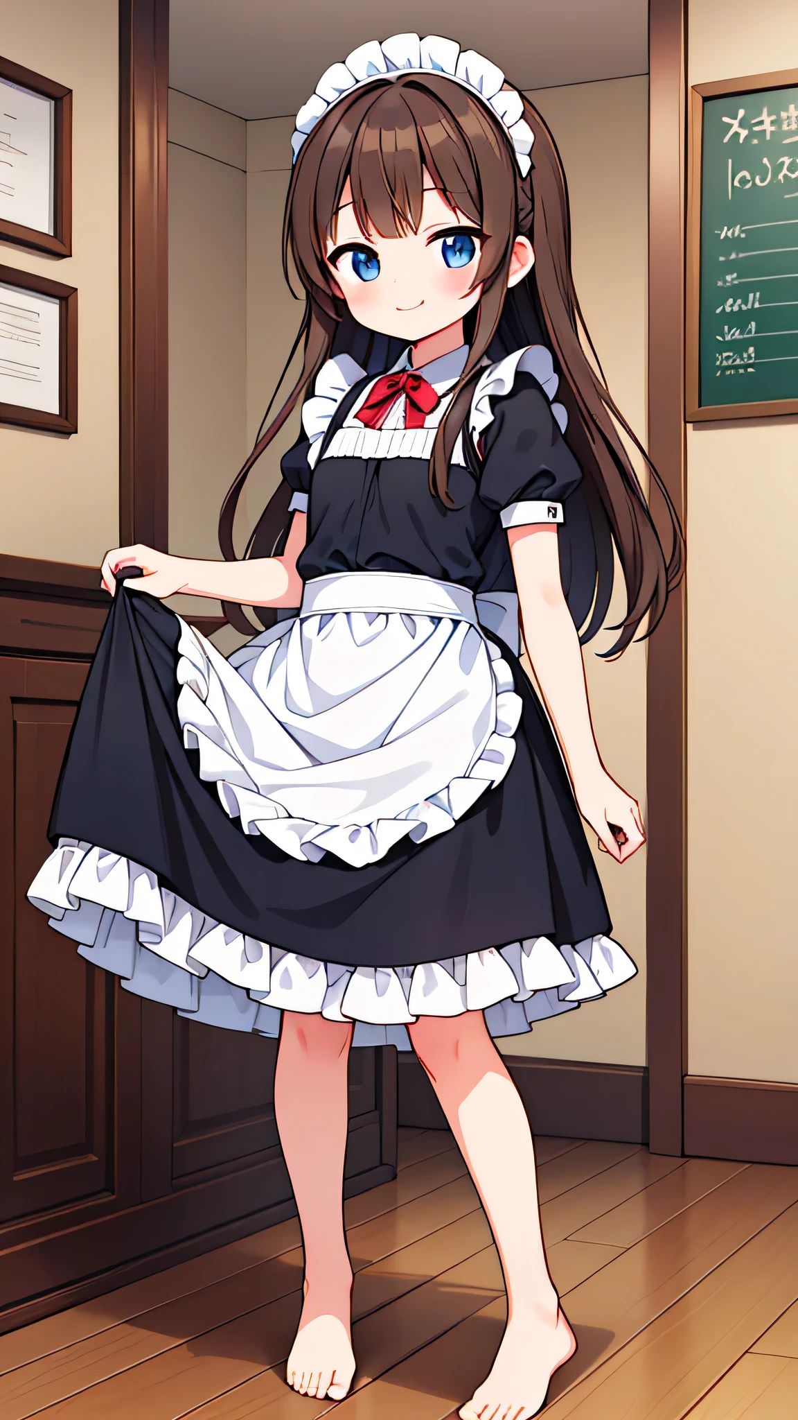 {Highest quality], [Super beautiful], [Ultra fine], [Best illustration], NSFW,Brown Hair, Hime cut, Long Hair, With bangs, girl, smile, blush, Slender women,Maid clothes,Short sleeve,Long straight skirt, Adult women,Coffee shop,diagonal,Bare feet and pumps, Plain black pumps,Strike a Pose