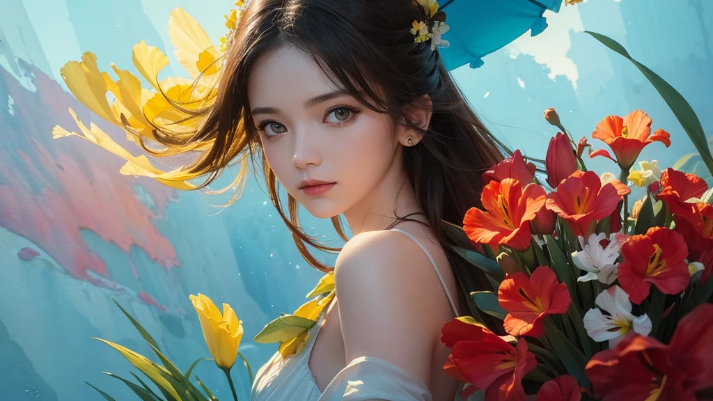 a beautiful girl in a lush garden, vibrant blue sky, red and orange flowers, detailed face and eyes, volumetric lighting, intricate details, photorealistic, high definition, masterpiece, professional digital art, cinematic color palette