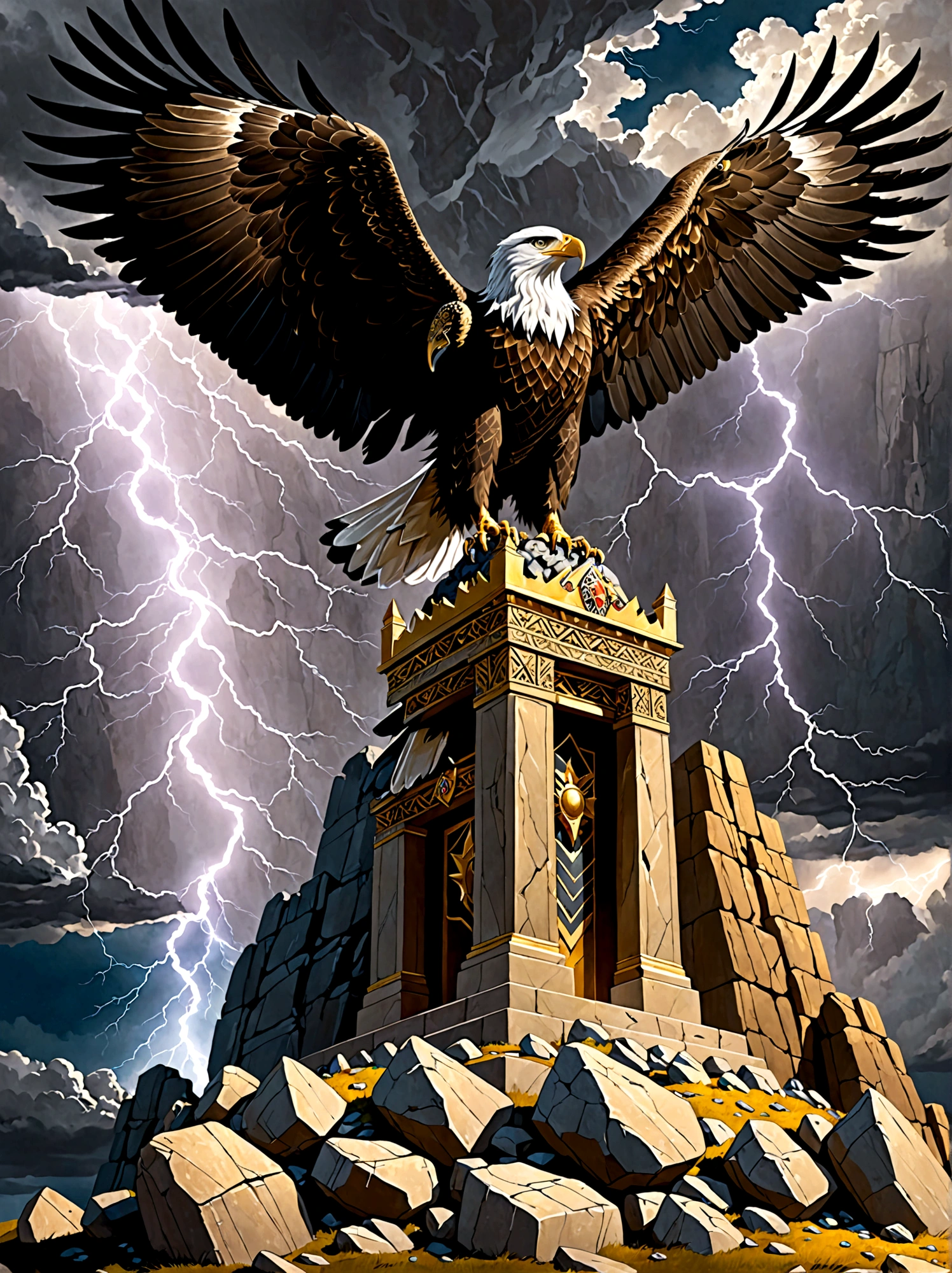 Illustrate a conceptual scene signifying power, Visualize an ancient stone throne, situated at the peak of a soaring cliff, The sky behind the throne anticipates an impending storm, and the wind forcefully sweeps the cliff, tossing loose rocks aside. An eagle, symbol of strength and majesty, soars above the throne, Lightning strikes in the distant horizon complete the scene, This scene symbolizes strength, leadership, and dominance, embodying the abstract concept of power