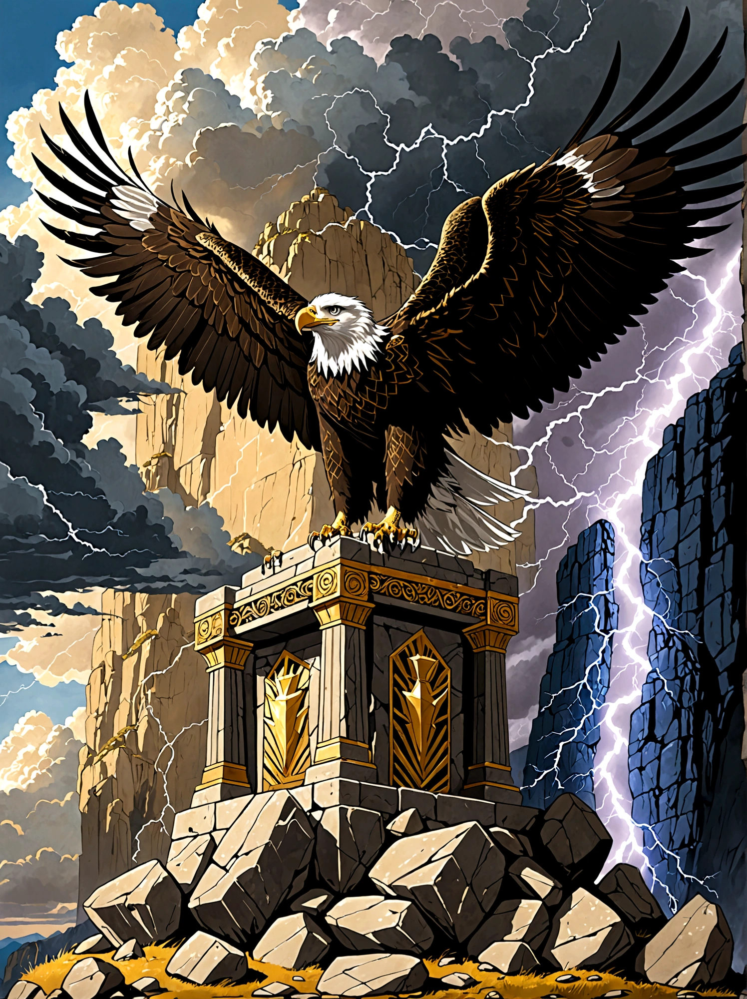 Illustrate a conceptual scene signifying power, Visualize an ancient stone throne, situated at the peak of a soaring cliff, The sky behind the throne anticipates an impending storm, and the wind forcefully sweeps the cliff, tossing loose rocks aside. An eagle, symbol of strength and majesty, soars above the throne, Lightning strikes in the distant horizon complete the scene, This scene symbolizes strength, leadership, and dominance, embodying the abstract concept of power