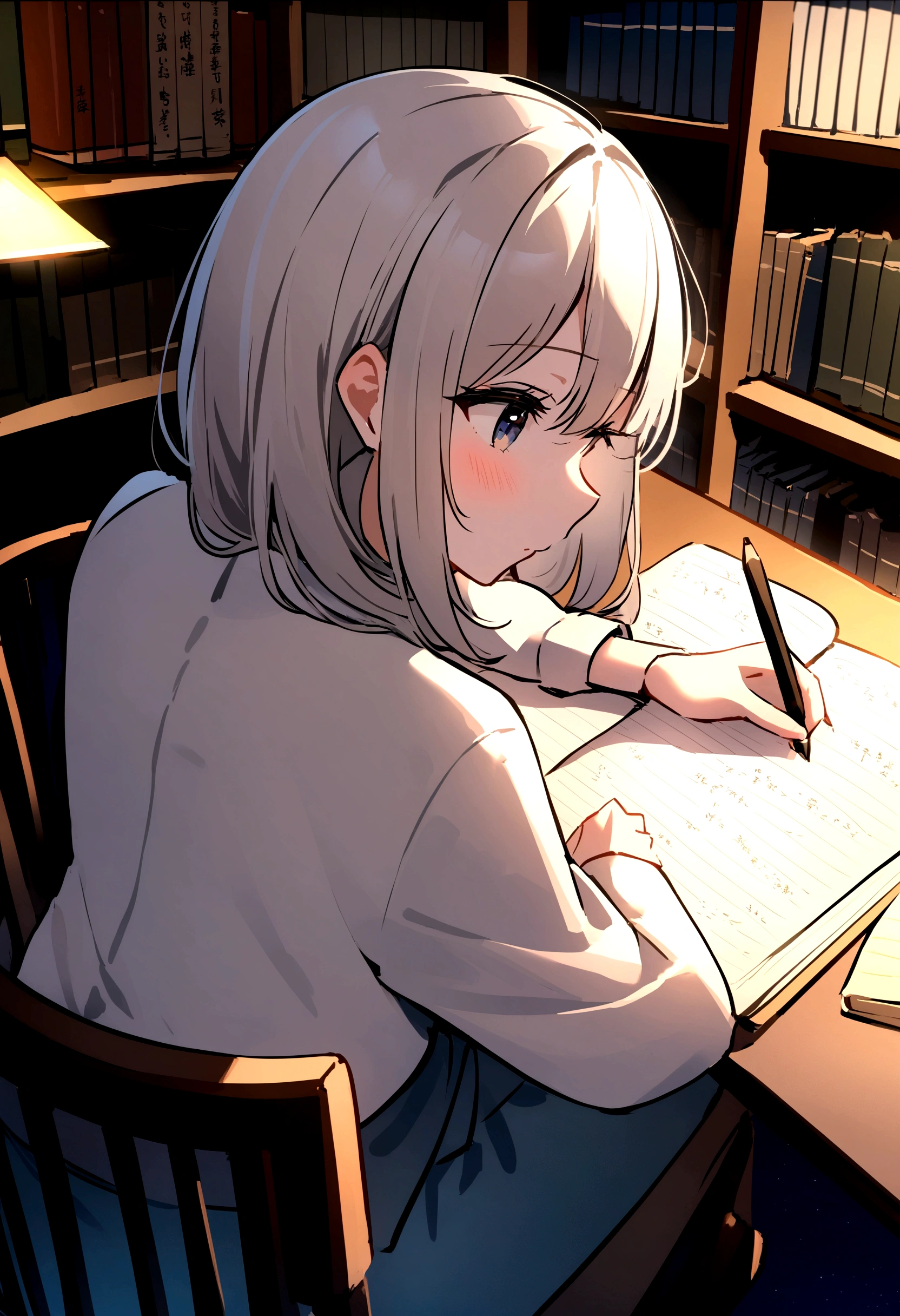 super high quolity,4k,japanese,a girl,study,writing note,in library,qute cat,sheet on chair,night