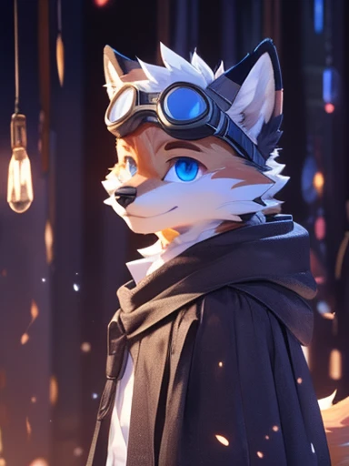New Jersey 5 Furry,Beast field,Full body portrait,anthropology,Empty,juvenile,male,Strong,goggles,Orange cape,Purple texture,scholar,fox,Fluffy hair,White plush paw,Fingerless gloves,blue eyes,Exquisite eyes,Delicate eyes,Extremely high detail,8K HD Characters,optimism,(particle, Scattered letters, Sunlight): 1.3