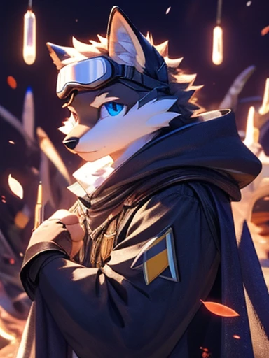 New Jersey 5 Furry,Beast field,Full body portrait,anthropology,Empty,juvenile,male,Strong,goggles,Orange cape,Purple texture,scholar,fox,Fluffy hair,White plush paw,Fingerless gloves,blue eyes,Exquisite eyes,Delicate eyes,Extremely high detail,8K HD Characters,optimism,(particle, Scattered letters, Sunlight): 1.3