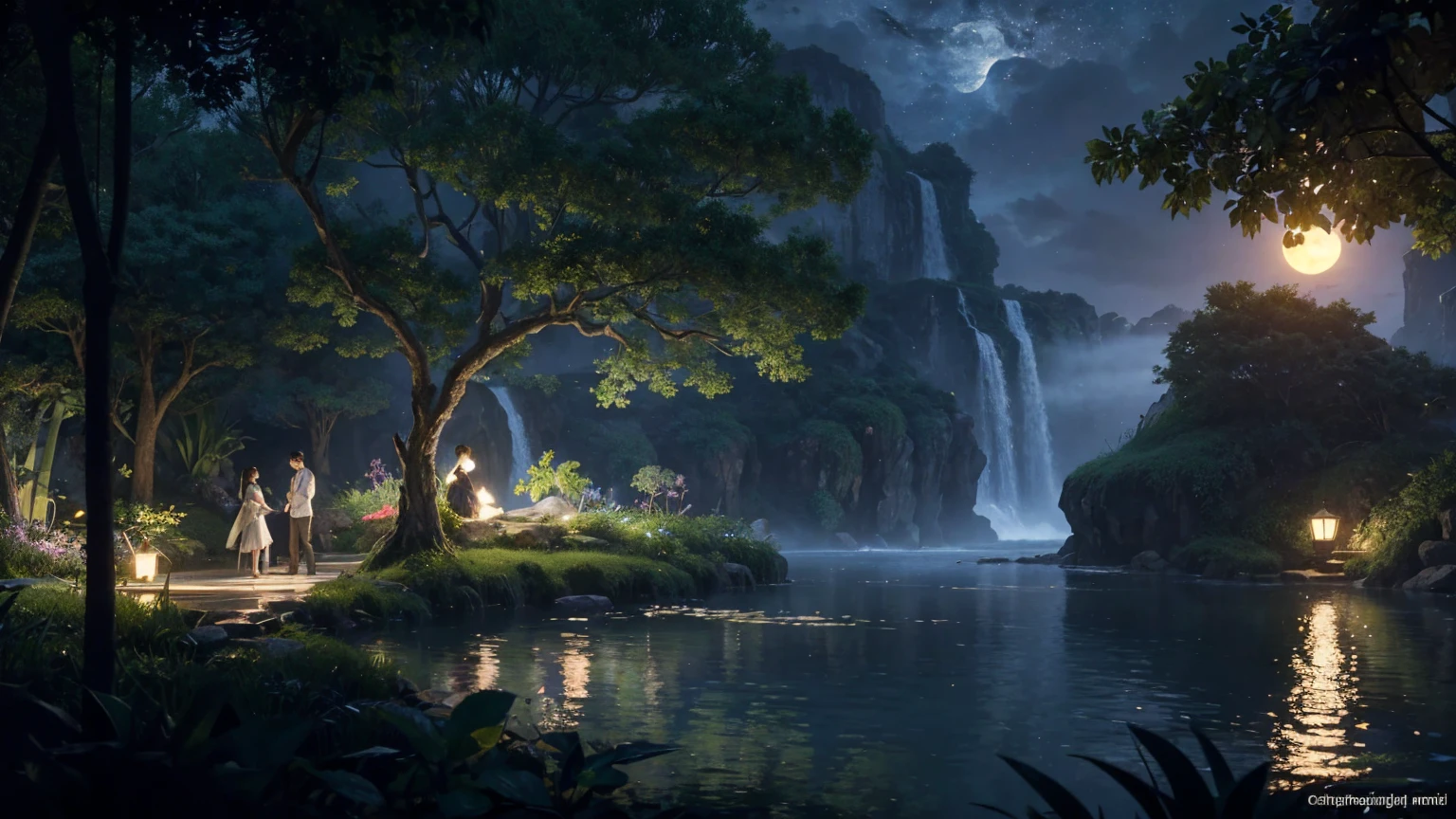 scene of aquarium, 2 people , romantic , tranquil , night, 10pm, moonlight, glow, view sky , scenery concept art, overgrowth. by Renoir , relaxing concept art, traditional classic concept art, a beautiful artwork illustration. high detail, background art, detailed concept art, environment design illustration, concept art highly detailed