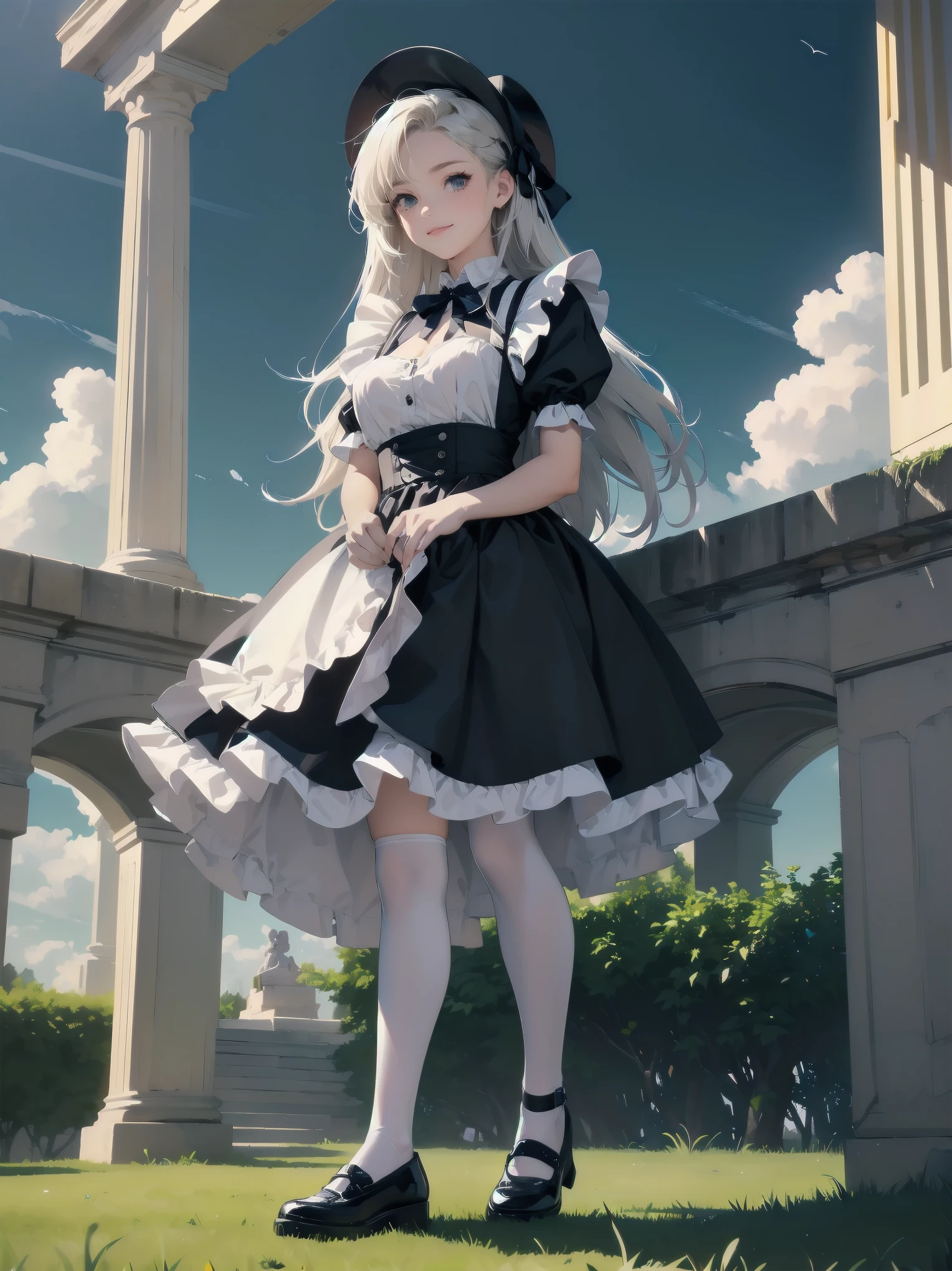 ((Very fine, Very fine CG Unity 8k Wallpaper, High Resolution, Absurd, Beautiful fine details, Very fine hair)), ((Masterpiece)), Outdoors, Sky, Clouds, Grass, ((Beautiful fine details)), Fashionable, One Girl, A  smiling under the stars, a toddler wearing a maid hat with ruby accessories, she is wearing a white and black gothic maid dress with navy blue ribbon. Black stockings, black shoes, cute, super cute toddler maid