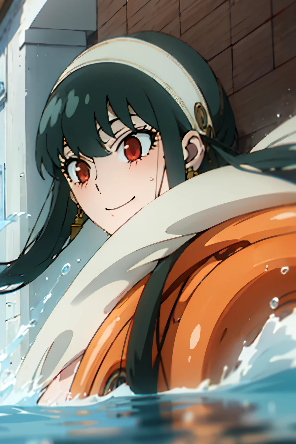 (best quality) (high quality) yor forger with oval face shape , red eye color , black long hair , whit hairband and golden earings at water fall smiling and throwing water in air wearing cute swim suit