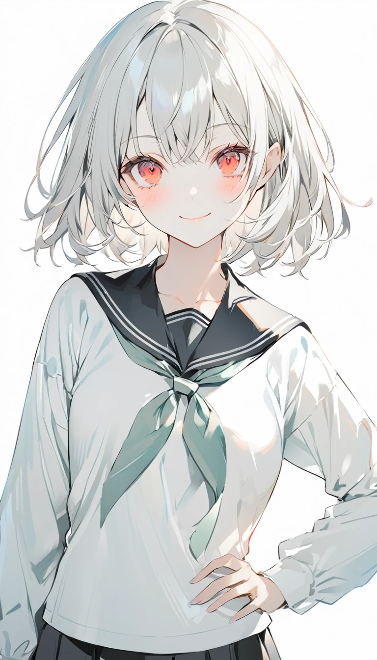 a woman in black and white photo with one hand on her hip, 1girl, solo, red eyes, smile, short hair, looking at viewer, long sleeves, sailor collar, black sailor collar, closed mouth, , blush, white hair