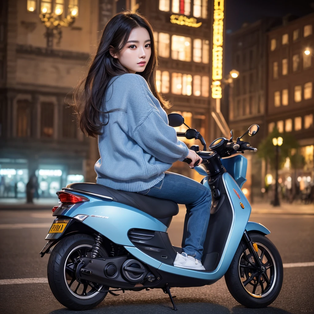 a beautiful Chinese girl, long flowing hair, beautiful detailed eyes, beautiful detailed lips, extremely detailed face, cozy sweater, blue jeans, sneakers, riding an electric scooter, town square, ultra-detailed, hyper-realistic, 8k, (best quality,4k,8k,highres,masterpiece:1.2),ultra-detailed,(realistic,photorealistic,photo-realistic:1.37),HDR,UHD,studio lighting,ultra-fine painting,sharp focus,physically-based rendering,extreme detail description,professional,vivid colors,bokeh