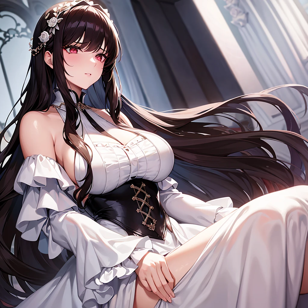 a young woman named Isabella. Her white silk dress was adorned with red roses, and her dark hair fell in soft waves over her shoulders.The gentlemen were vying for his attention, but she only had eyes for one: the mysterious masked man who watched her from a distance. His black suit and intense gaze intrigued her.. who would it be?