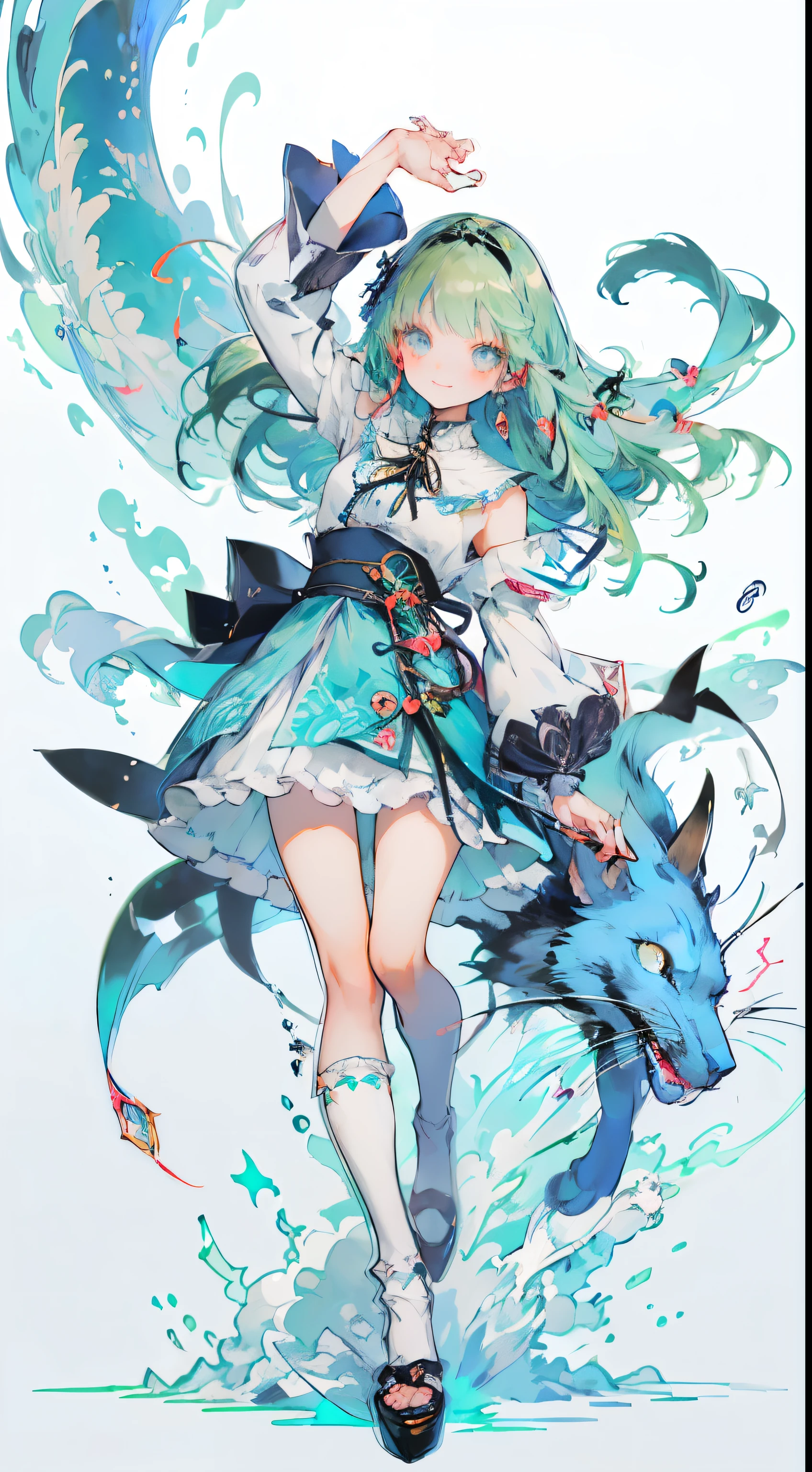 ((Tabletop, Highest quality: 1.1), ((Anime girl in a blue dress holding a magic wand)), art nouveau、Anime Cat girl in maid outfit, upon, ((Green hairs))、Long-haired、((Eyes like shining jewels Long lashes Transparency))、Very Beautiful Anime Cat girl, Anime cat girl, ((White knee-high socks)), Attractive Cat Girl, Inspired by Leiko Ikemura, Takano Aya color style, in ryuuou no oshigoto art style, Cat girl, Favorite character, rei hiroe、With a smile