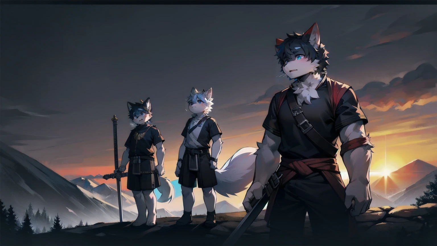 White Wolf,black hair,Sky blue eyes,hairy,Wolf ears,Wolf tail,Full body portrait,The character is in the center of the frame,Handsome,Confident eye***but,juvenile,Black and white combat uniform,Red neck bib,Black shorts,Short sleeve,hairy arms and legs,Dark background,Dark battlefield,dawn,sunrise,dawn,illumination,shadow,Swordsman,Scabbard and Hold the hilt of a in your hand,The scabbard is at the waist,Highest quality,A tall stature
