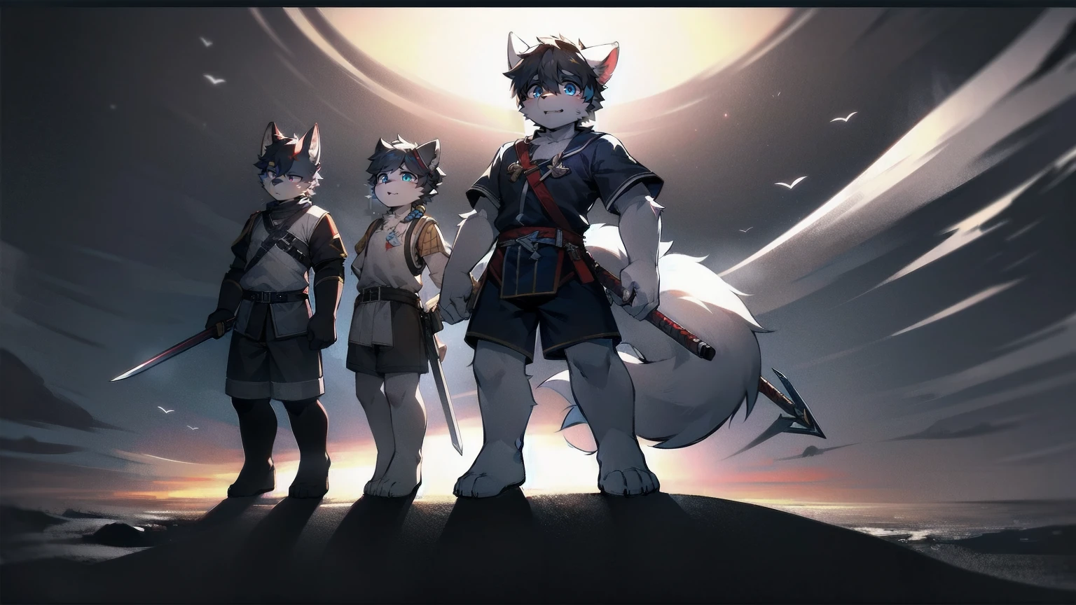 White Wolf，black hair，Sky blue eyes，hairy，Wolf ears，Wolf tail，Full body portrait，The character is in the center of the frame，Handsome，Confident eye***but，juvenile，Black and white combat uniform，Red neck bib，Black shorts，Short sleeve，hairy arms and legs，Dark background，Dark battlefield，dawn，sunrise，dawn，illumination，shadow，Swordsman，Scabbard and Hold the hilt of a in your hand，The scabbard is at the waist，Highest quality,A tall stature