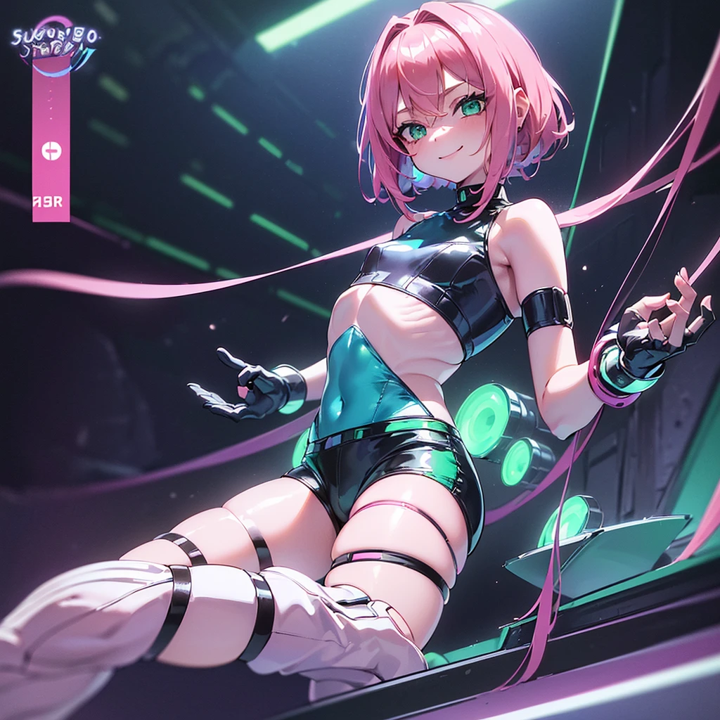 (masterpiece), (best quality), (high res) Solo, (perfect anatomy young girl (), fair skin, pink hair (shoulder length), green eyes, (skin tight idol outfit), (blue high heels boots), (tied up shirt), (super tight mini shorts), smiling, flat chest in a futuristic space setting with a green light, cyberpunk, cyber suit, best anime 4k, cybersuits