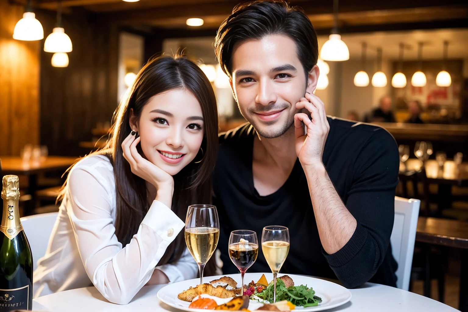 ((Highest quality、8K、masterpiece:1.3))、1 male 1 female、lover、Beautiful couple、Happy smile、full-course dinner、 (Slim face), (the body is スリム), (Brown Hair), (Shortcuts), ((Bob Hale、Straight hair:1.2)), テーブルの上のwine glass、Put the light on your face、 Amazing view of the sunset sky and clouds、The beauty of a smile、Bright image、Blushing, Shortcuts, (Age 35), 39 years old, Appetizers、Italian food、Wine bottle、Champagne、sparkling wine、Long sleeve shirt、dress、Attractive beauty、restaurant, Nova Frog Style, actress, model, Upper Body, White wine, red wine, wine glass, 