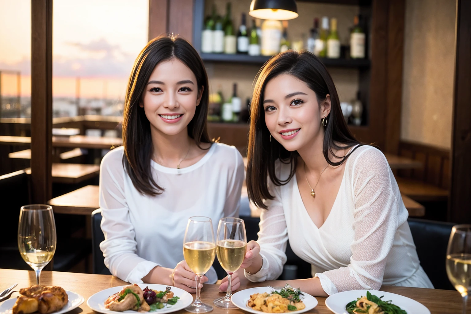 ((Highest quality、8K、masterpiece:1.3))、1 male 1 female、lover、Beautiful couple、Happy smile、full-course dinner、 (Slim face), (the body is スリム), (Brown Hair), (Shortcuts), ((Bob Hale、Straight hair:1.2)), テーブルの上のwine glass、Put the light on your face、 Amazing view of the sunset sky and clouds、The beauty of a smile、Bright image、Blushing, Shortcuts, (Age 35), 39 years old, Appetizers、Italian food、Wine bottle、Champagne、sparkling wine、Long sleeve shirt、dress、Attractive beauty、restaurant, Nova Frog Style, actress, model, Upper Body, White wine, red wine, wine glass,