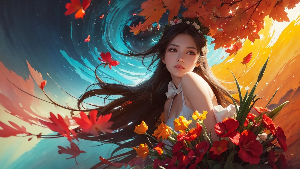 32k, Masterpiece, Highest quality, One girl, Detailed eyes, flower,gladiolus, Yellow and red style,A dreamy, romantic piece,Pale yellow, Mysterious Leaves,A playful arrangement,Fantasy,High Contrast,Ink strokes,explosion,Exposure, Impression of light blue and red tones,Abstract,((Watercolours by John Berkey and Jeremy Mann )) Brush strokes,Negative Space, Tyndall effect,