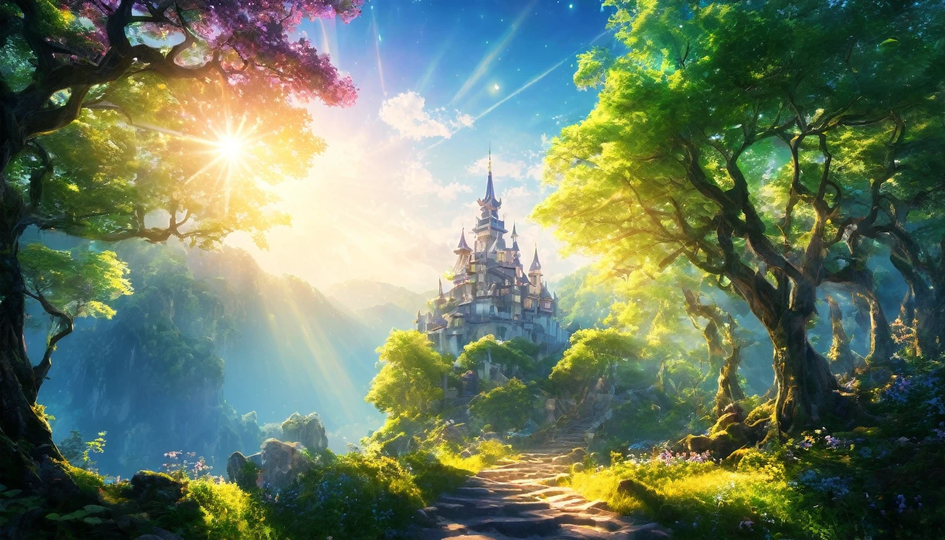 Fantasy Forest、Village where the World Tree stands、A faint light is shining、Portrait Photography、{{masterpiece}}, Highest quality, Highly detailed Unity 8k wallpaper, Cinema Lighting, Lens flare, Beautiful details , particle, Heterochromia iridis, (colorful:1.5), 
