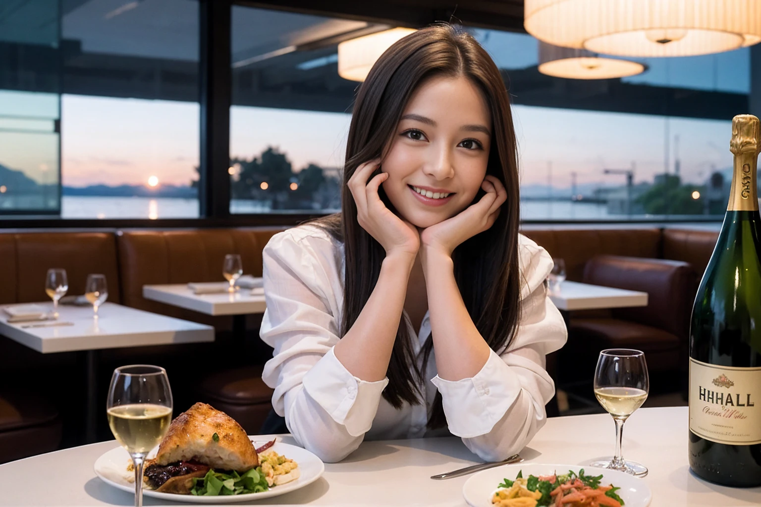 ((Highest quality、、masterpiece:1.3))、1 male、1 female、spouse、Beautiful couple、smile、full-course dinner、 (Slim face), (the body is スリム), (Brown Hair), (Shortcuts), ((Bob Hale、Straight hair:1.2)), テーブルの上のwine glass、Put the light on your face、 Amazing view of the sunset sky and clouds、smileの美しさ、Bright image、Blushing, Shortcuts, (43 years old), 39 years old, Appetizers、Italian food、Wine bottle、Champagne、sparkling wine、Long sleeve shirt、dress、Attractive beauty、restaurant, Nova Frog Style, actress, model, Upper Body, White wine, red wine, wine glass,