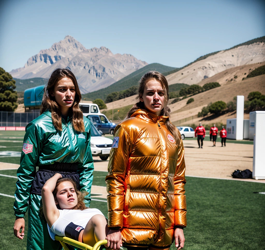 There is a man lying on a stretcher with his hands crossed over his face, a man in a t-shirt and sports shorts has crossed his hands over his face, the man has an agonised face under his hands, two longhaired and ponytailed women that are wearing very shiny coats, there are longhaired women wearing laquered puffy coats, longhaired women are walking in wetlook puffy coats, several women walking around a football field with an injured athlete on a stretcher, the injured athlete on the stretcher covers his face with both hands, the women look very worried, behind the women there is a frightening atmosphere, there is heavy rainfall in the background, video still, behind the scenes, Malika Favre, screenshot, footage, 4 0 9 6, cover photo, aesthetic shot, dramatic mood, intense scene, There is a man lying on a stretcher with his hands crossed over his face, a man in a t-shirt and sports shorts has crossed his hands over his face, the man has an agonised face under his hands, two longhaired and ponytailed women that are wearing very shiny coats, there are longhaired women wearing laquered puffy coats, longhaired women are walking in wetlook puffy coats, several women walking around a football field with an injured athlete on a stretcher, the injured athlete on the stretcher covers his face with both hands, the women look very worried