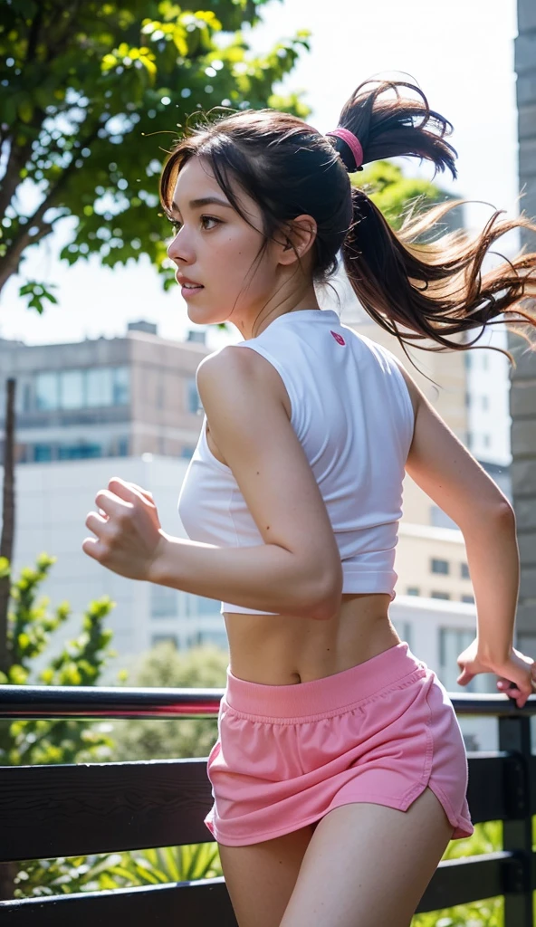 1 girl, solo, running, topless pink skirts, ponytail, athletic build, dynamic brushstrokes, fluid movement, capturing the essence of her athleticism and energy, using light colors and soft tones to create a dreamy and ethereal atmosphere, portraying the motion and grace of running, showing the wind blowing her ponytail and clothes, and the scenery of her surroundings. outdoors, detailed background, Modern metropolis,
