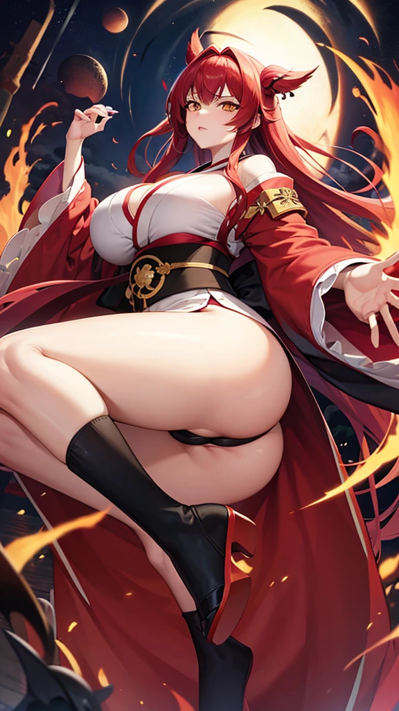 big ass,big breasts, long red hair,white kimono,yellow eyes, annoyed
