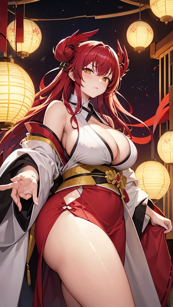 big ass,big breasts, long red hair,white kimono,yellow eyes, annoyed