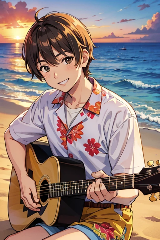The background is a beautiful beach with a sunset in Okinawa。A man wearing an aloha shirt and shorts is sitting and smiling.、Playing guitar and singing