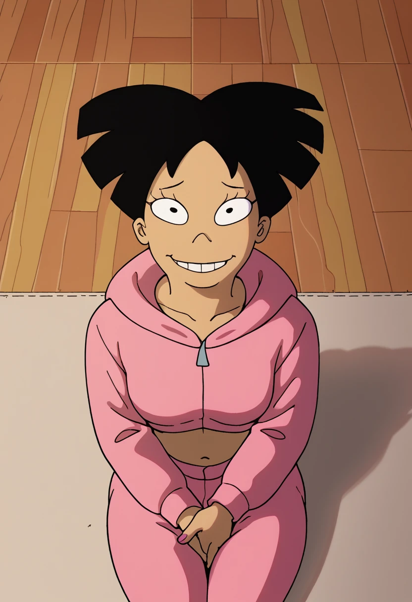 score_9, score_8_up, score_7_up, zPDXL,amy wong, pink sweatsuit, circle eyes, overbite, dot pupil, source_cartoon, futuramastyle, 1girl, short hair, black hair,in college bedroom, sitting on floor, sexy, seductive smile, happy face, saliva, shy, from above, pink hoodie, pink pants, many boys around, big dick, boy masturbated his dick,