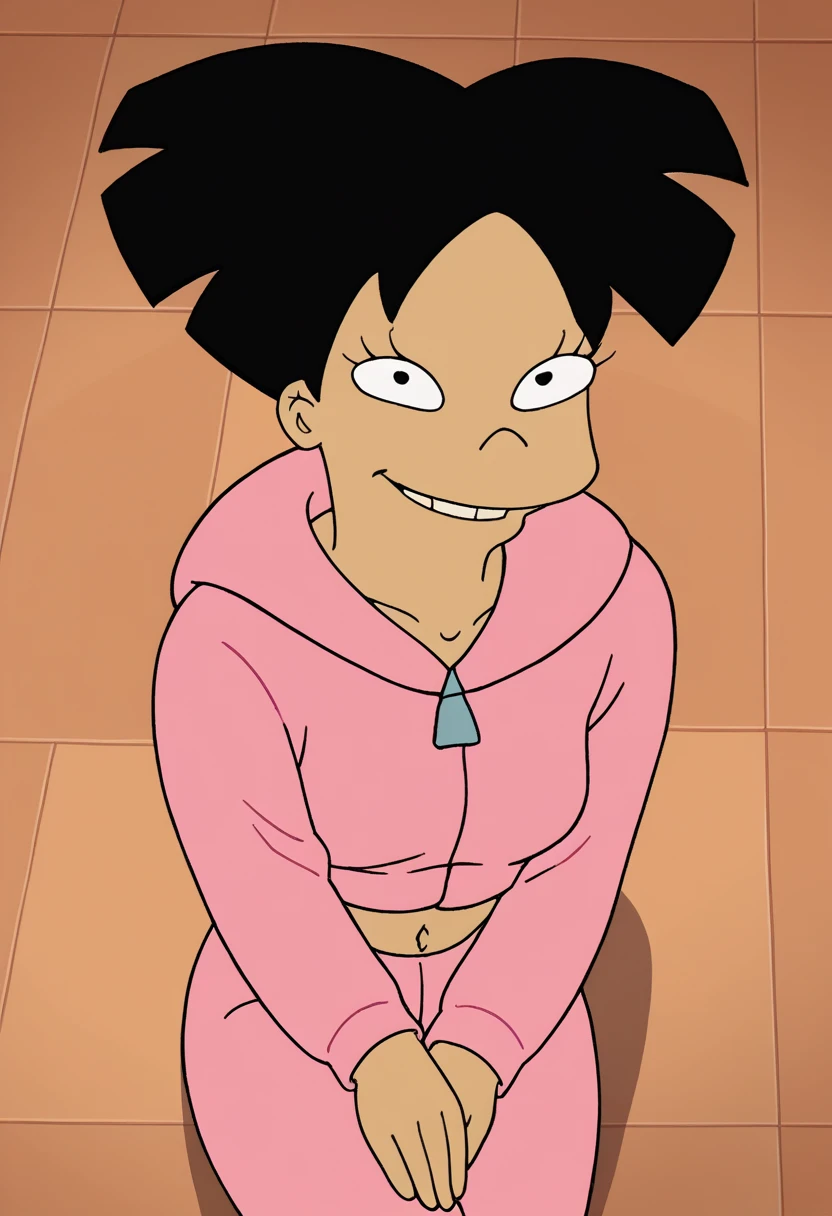 score_9, score_8_up, score_7_up, zPDXL,amy wong, pink sweatsuit, circle eyes, overbite, dot pupil, source_cartoon, futuramastyle, 1girl, short hair, black hair,in college bedroom, sitting on floor, sexy, seductive smile, happy face, saliva, shy, from above, pink hoodie, pink pants, many boys around, big dick, boy masturbated his dick,