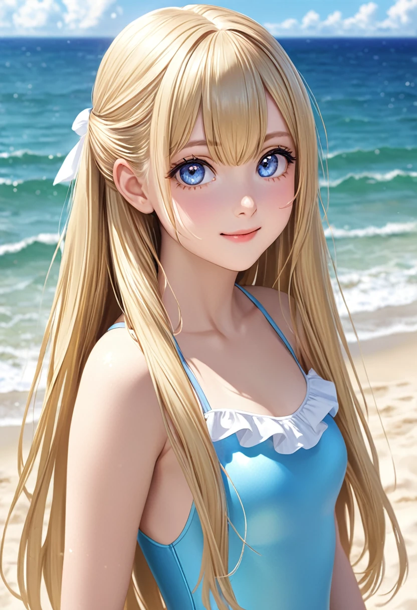 Adorable, 14years , Ruffled plummeting one-piece swimsuit, A very beautiful blonde girl from Scandinavia, Lush bust,Beach, Low contrast, (Smirking expression:0.8), Super Long Straight Silky Hair、hair scrunchie, long bangs between eyes、Best Quality, 超A high resolution, photographrealistic, ultra-detailliert, 8K, Raw photo, masuter piece、Very beautiful bright and shining light blue big eyes、very big eyes、gloss cheek highlights、Small face beauty、Kamimei