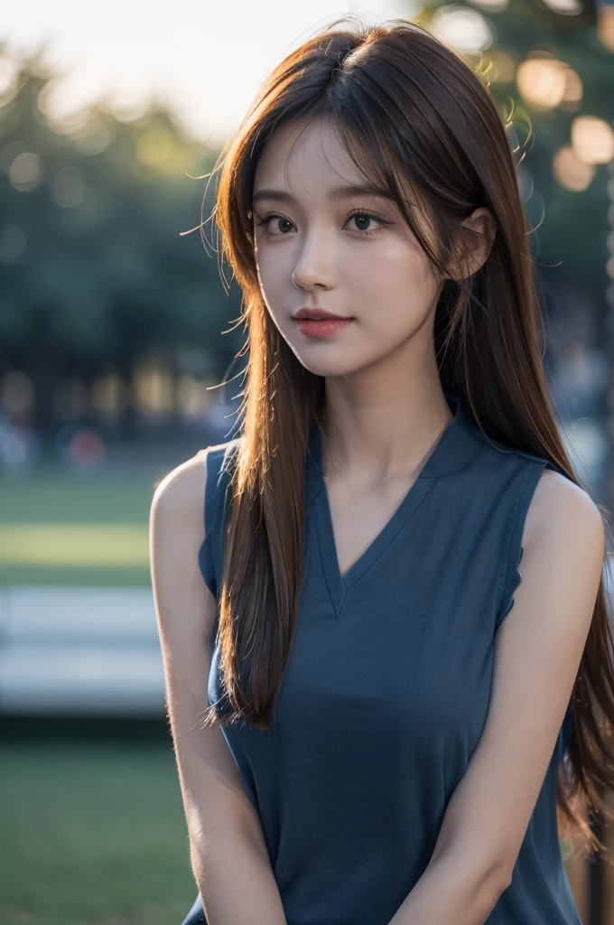 best quality, Practical, 8K, high resolution, Rich colors, 1 girl, Miss, 20 years old Miss, (Shut up:1.73), (Skin Dimples), (portrait:0.6), wood, Park bench, dawn, ((Park Background:1.52)), Rich colors, ((Sleeveless blue shirt:1.58)), Looking at the audience:1.8, (1 girl eyes Looking at the audience:1.55), (Medium Length Hair, Brown hair, Separated hair:1.45), (Bokeh),