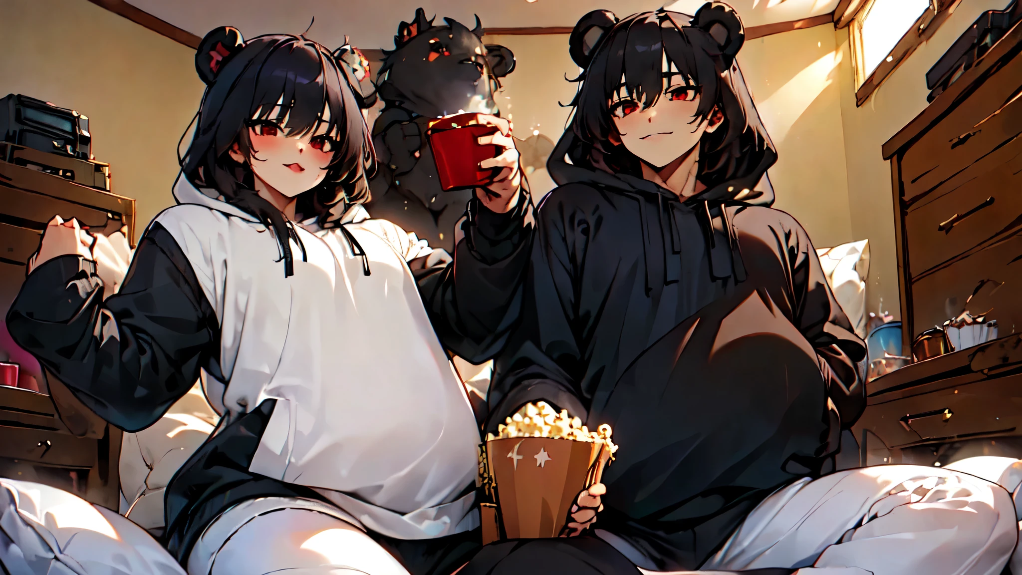 beautiful couple of man and woman, (Masterpiece), Best Quality, (extremely detailed face), extremely detailed eyes,  perfect lighting, General detail,(junkotvv) detailed, deep skin,textured skin,
,Bear costume ,black Bear costume, long sleeves, hood up,,mauve , long black fur, Red eyes, big smile,in bed ,sitting between pillows, with a bucket of Popcorn, a television in front 
,