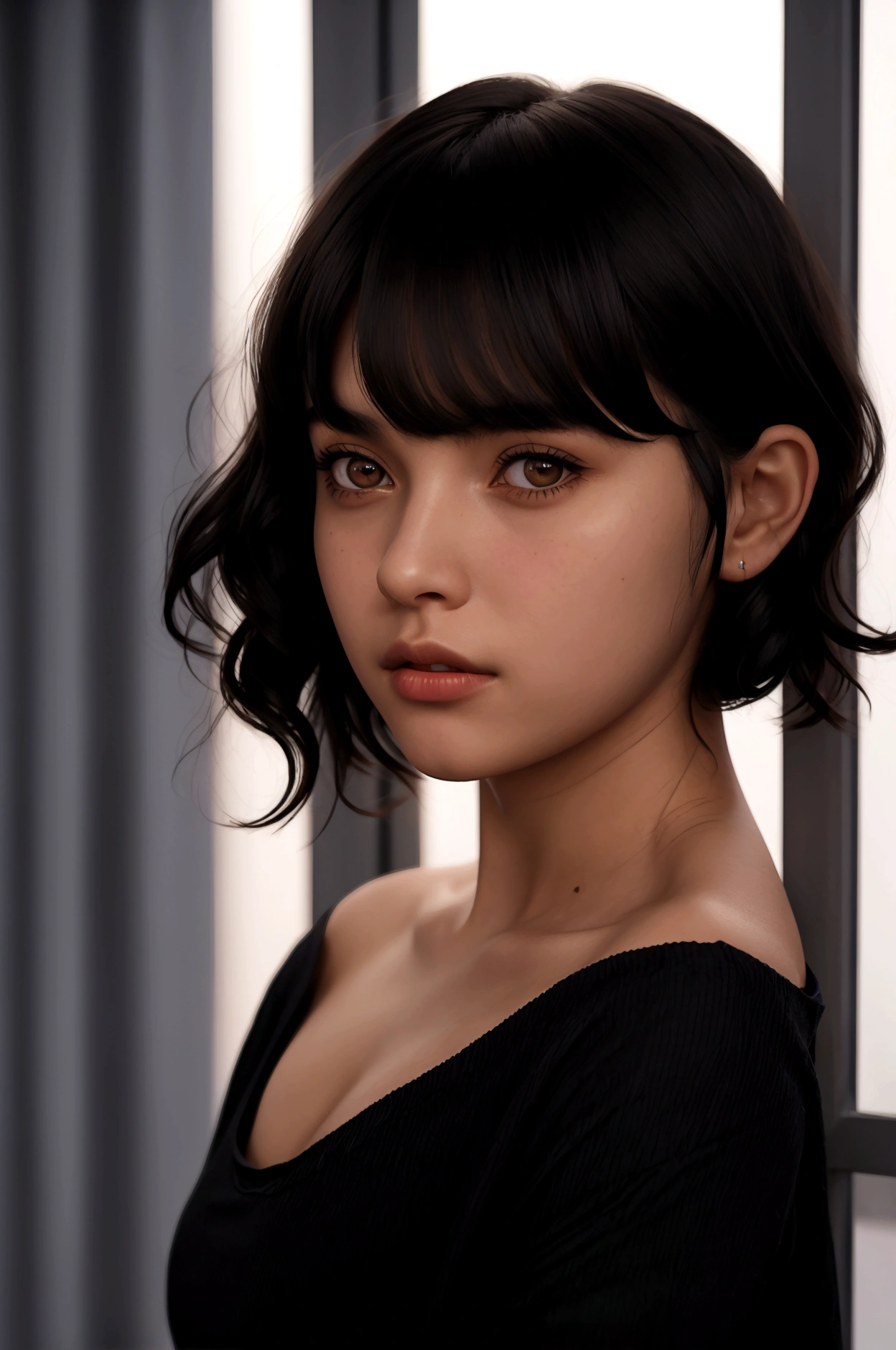 cinematic realistic portrait, front-facing, of a young girl, adolescent, (caucasiana), fly away, modern casual dark clothes, Long t-shirt, minimalist alternative style, Beautiful woman, ((short wavy hair to the shoulders with bangs)), (honey eyes), Pursed lips, night in an apartment, window to the city, neon lights