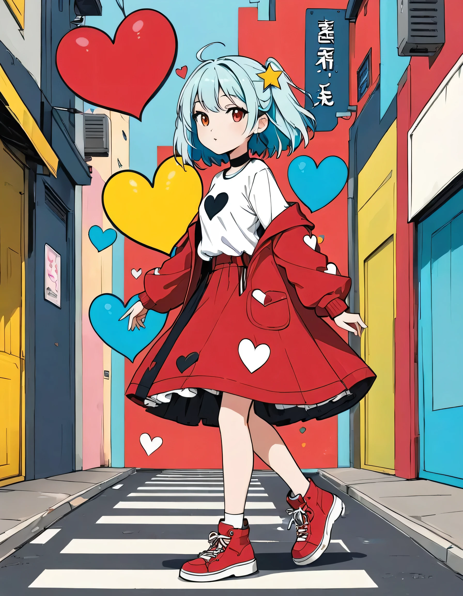 Black Star Red and White style, Simple Line Initialism,Abstract art,Urban Background, colorful hearts ,(((The most beautiful girl of all time))), walking, Cute and colorful amoeba, Harajuku Fashion
