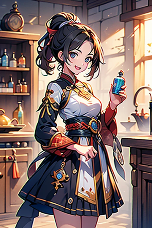 (fantasy:1.5),(anime,8k,masterpiece, top quality, best quality,beautiful and aesthetic:1.2,professional illustrasion:1.1,ultra detail:1.3,perfect lighting),extremely detailed,highest detailed,incredibly absurdres , highres, ultra detailed,intricate:1.6,(Alchemy Workshop:1.4),A girl mixing,Medicine in many small bottles,holding small potion,colorful:1.4,zentangle,(1girl),(girl),(Three kingdoms female warload),(highly detailed beautiful face and eyes,firm breasts),oily skin,((black,hair,short bob with short pony tail hair)),thin pubic hair,cute,lovely,34 years old,alchemist costume,Merchant's Clothing,smile,in the kitchen,smile,seductive weak smiling,(with sparkling eyes and a contagious smile),open mouth, Looking at Viewer,